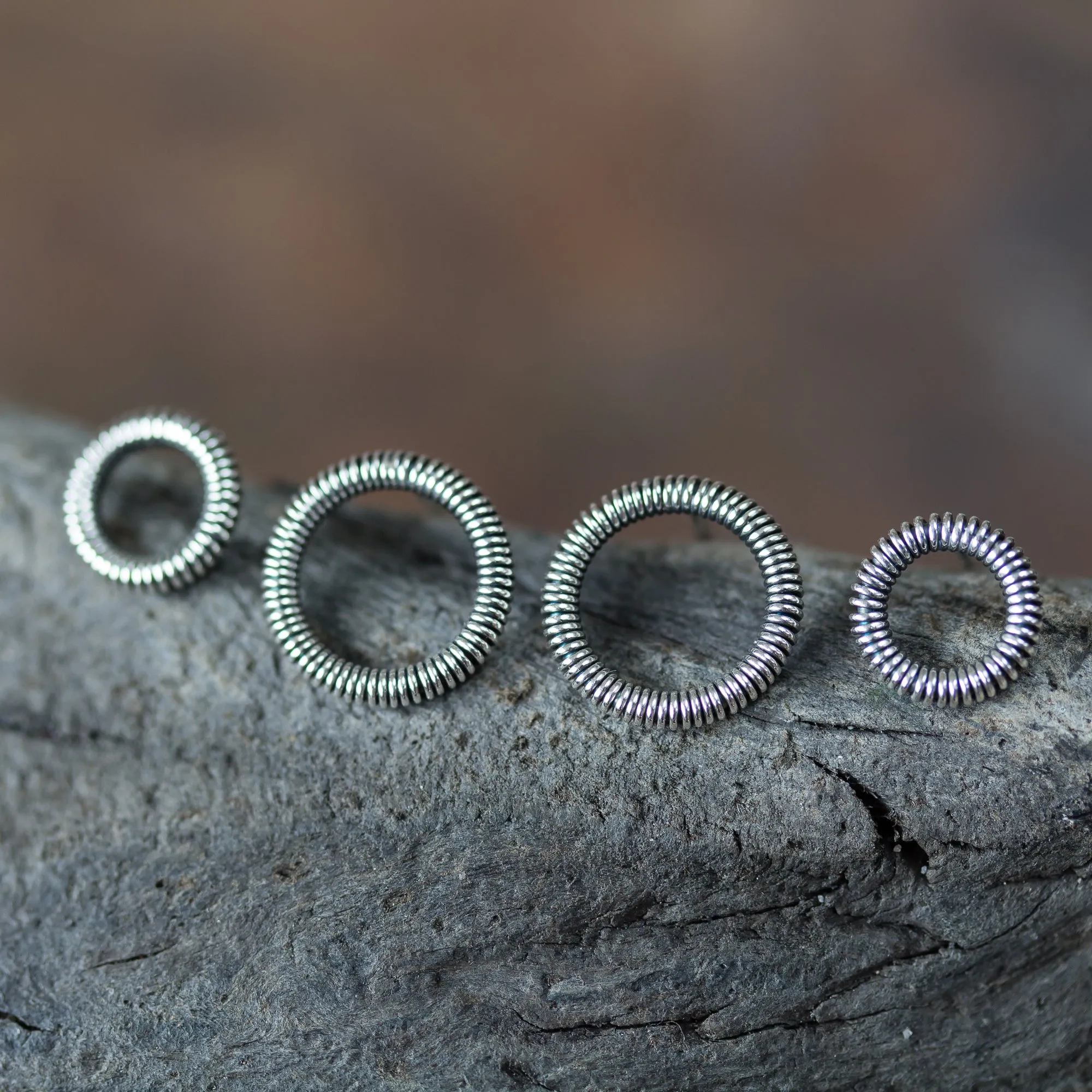 Wire Wrapped Circle Studs For Double Piercing, Sterling Silver