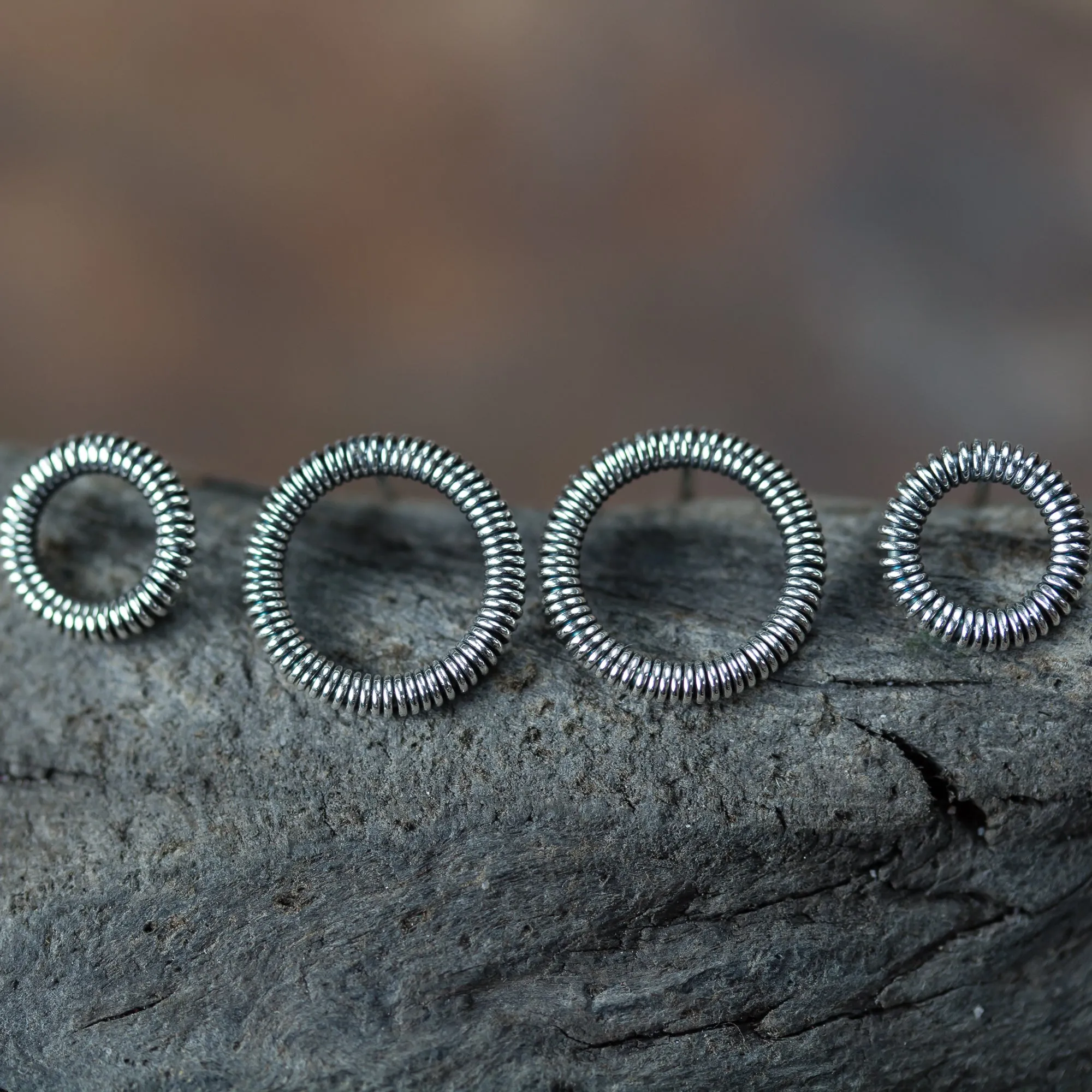 Wire Wrapped Circle Studs For Double Piercing, Sterling Silver