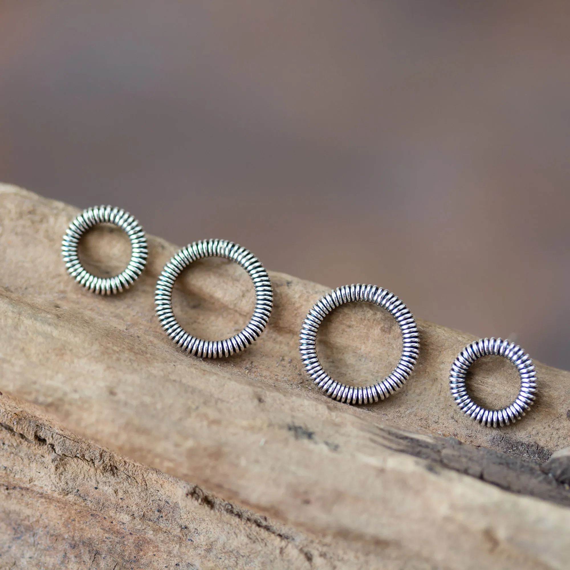 Wire Wrapped Circle Studs For Double Piercing, Sterling Silver